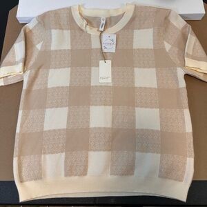 Wishlist beige & cream Checkered Crewneck Short Sleeve Sweater Women’s Large